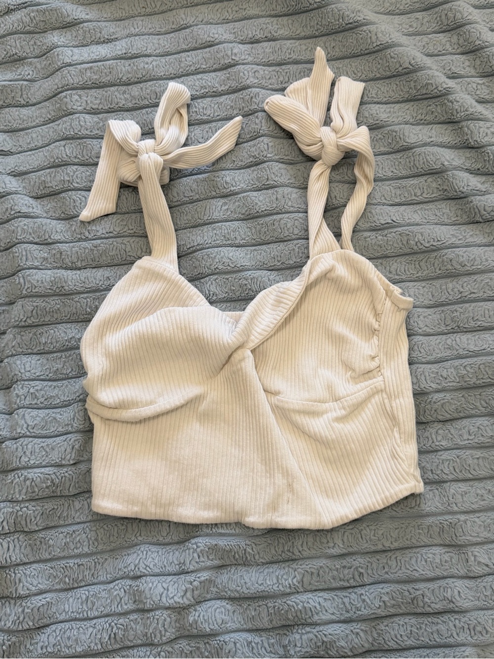 superdown Ivory Ribbed Tie-Strap Crop Top